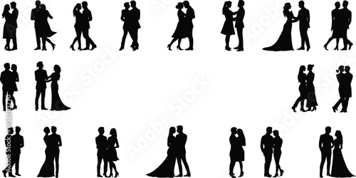 Romantic couple silhouettes, lovers hugging vector, wedding dance illustration, romantic embrace design, dating couple clipart, love relationship art, flat vector illustration