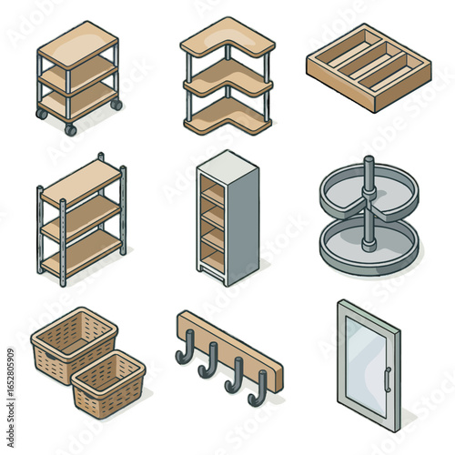 Icon rack cabinet basket corner isometric shelf vector organizer pantry insert adjustable