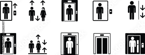 Elevator icons collection, lift door signs, people using elevators, up and down arrow direction, transport system design symbols, flat vector illustration
