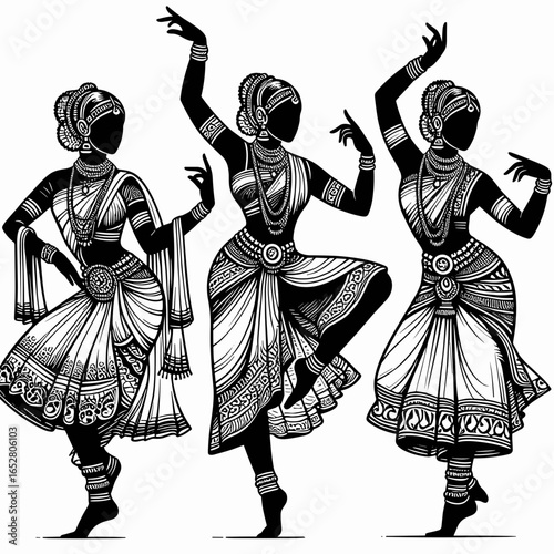 Three Indian dancers performing traditional Kathak dance in elegant poses  