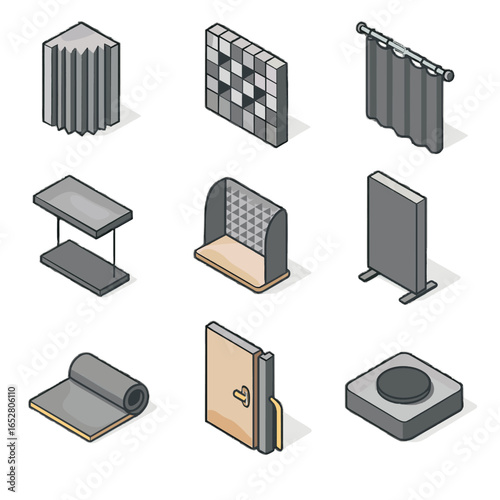 Icons treatment panel shield absorber freestanding acoustic door desk icon vector curtain