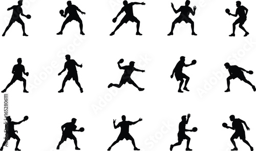 Silhouette table tennis players, ping pong athletes in motion, competitive game poses, racket sport vector, training exercise illustration, dynamic sports action design