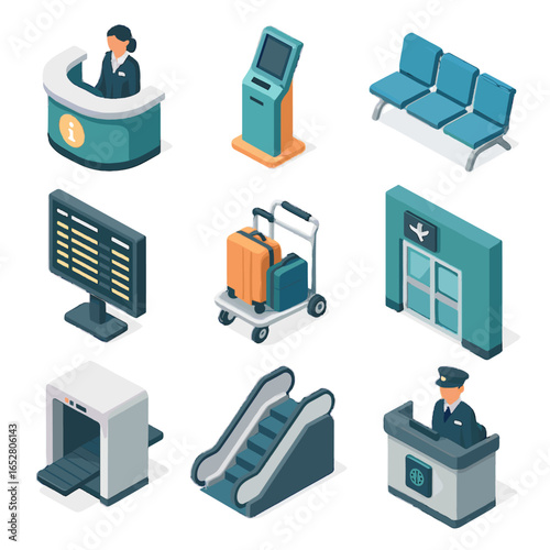 Hub icons departure security area escalator travel vector information screen luggage cart