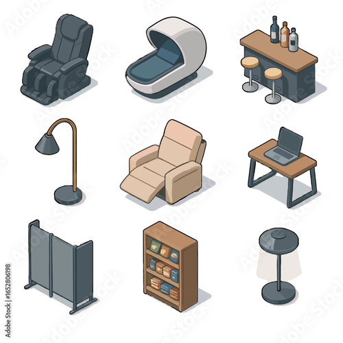 Icons drink snack lamp icon amenities lounge reading recliner bar vector pod