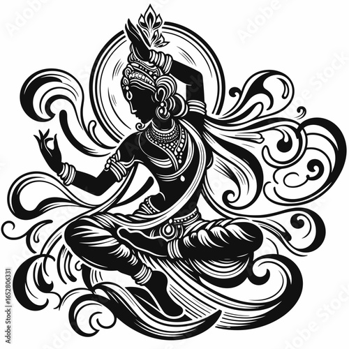 Black silhouette of Odissi dancer performing graceful movements  