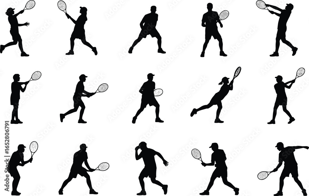 custom made wallpaper toronto digitalSilhouette tennis players, athletes practicing serve and volley, competitive racket sport poses, fitness training action, vector illustration design, dynamic sports movement