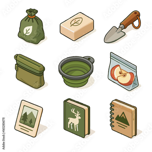 Reusable trail essentials permit icon pouch hiking vector icons notebook mini soap