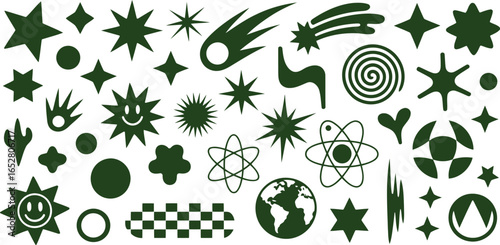 Retro Psychedelic Vector Symbols Set: Abstract Cosmic Design Elements with Stars, Sun, and Planet Earth Icons 