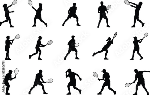 Wallpaper Mural Silhouette tennis players, athletes practicing serve and volley, competitive racket sport poses, fitness training action, vector illustration design, dynamic sports movement Torontodigital.ca