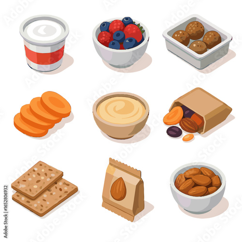 Berry seed energy dried snack vector protein cup crackers icon fruit isometric