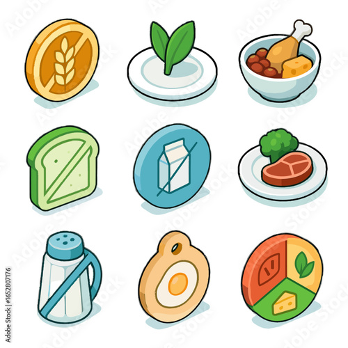 Icons isometric paleo marker meal plate dish wheel icon balanced vector sticker