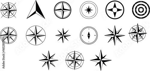 Collection of Compass Rose and Navigation Icons: Set of Windrose, North Arrow, and Direction Symbols