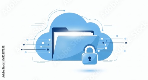 Secure cloud storage and data protection concept with folder and padlock. Online file hosting and privacy technology illustration.