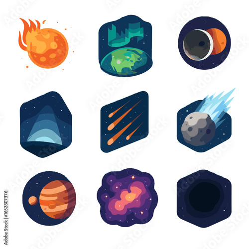 Nursery zodiacal deep void light icons space solar phenomena transit vector shower
