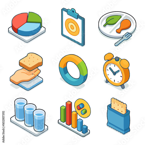 Snack set food calories intake chart nutrition vector goal icon macro glass