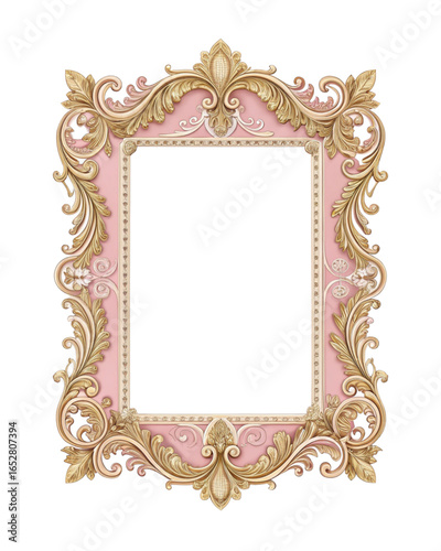 A rococo style thin frame, pink and gold, isolated white background,