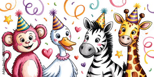 Happy Birthday Party Animals: Monkey, Duck, Zebra, and Giraffe Celebrating with Confetti and Party Hats