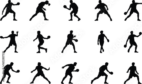 Table tennis player silhouettes, ping pong action poses, sport athlete movement, competitive game illustration, racket sport design, training practice concept, vector