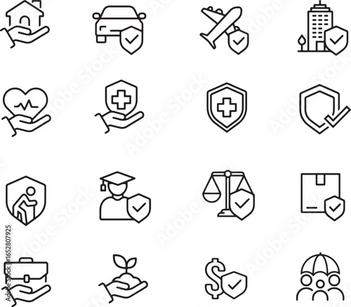 Thin line icon set for insurance protection coverage safety security policy risk assurance benefits shield home car health life travel property insurance. Pixel perfect icons editable stroke
