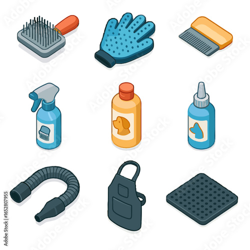 Ear pet icon glove apron dog grooming mat shampoo essentials detangling vector