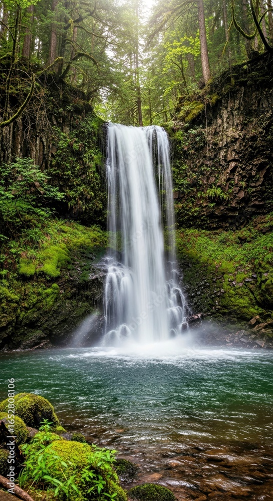 Fototapeta premium Sparkling Waterfall Cascading Through Moss Covered Forest Cinematic Photorealism Art