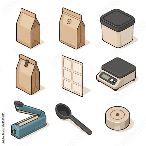 Coffee degassing container icon sheet heat weight valve vector icons tie resealable