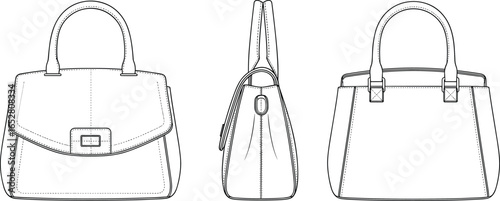 CAD drawing flat vector illustration of handbag design, front, side and back view, fashion accessory template, leather bag sketch