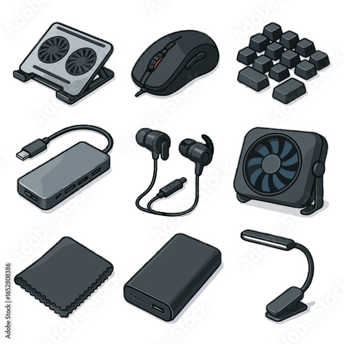 Cloth gear screen power light gaming icon vents bank set vector stand