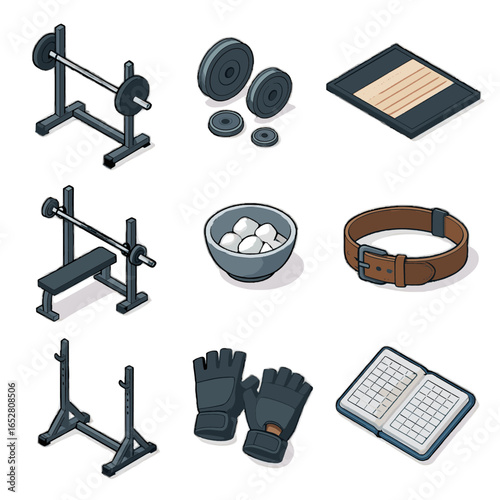 Bench icons gloves strength rack squat icon tracking barbell bar plates vector