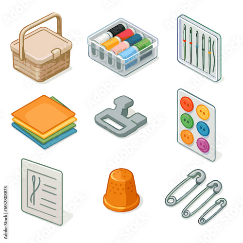 Fabric measuring vector icons kit needles sewing icon buttons basket colorful safety
