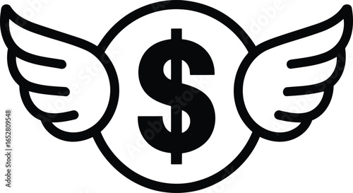 Flying Dollar Coin: Black and White Symbol of Financial Freedom, Wealth, and Fast Money Earnings