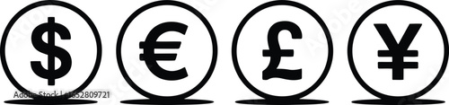 World Currency Icons: Dollar, Euro, Pound, and Yen Symbols for Global Financial, Business, and Trade