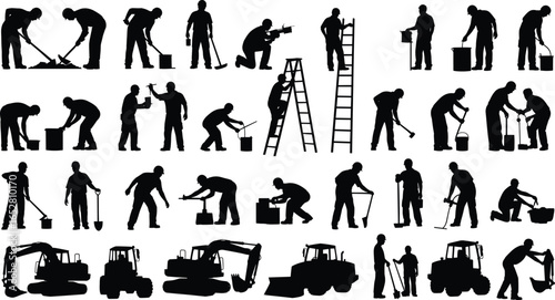 Construction workers silhouette illustration with tools, equipment, machinery, ladder, shovels, painting, teamwork, industrial labor design, vector graphic collection