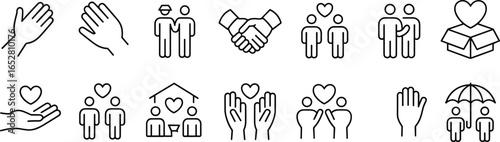 Helping hand icons, charity donation, humanitarian support, community love, kindness symbols, giving care, social responsibility, trust building, flat vector illustration design
