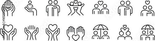 Charity support icons, helping hands, community care, social love, giving kindness, humanitarian aid, protection symbols, friendship trust, flat vector illustration design