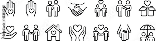 Charity support icons, helping hand, humanitarian care, donation symbols, community love, social responsibility, kindness vector design, flat illustration, support people, compassion