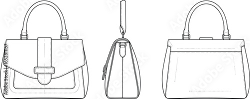 Fashion handbag vector illustration, front view, side view, back view, leather purse design, accessory template, luxury women bag sketch drawing, outline