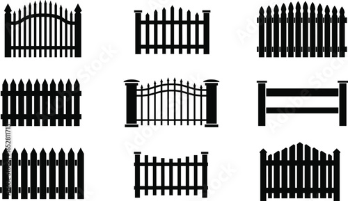 Fence and gate vector set, wooden picket fence, decorative wrought iron gate, property boundary wall, outdoor garden protection, security barrier, house design illustration