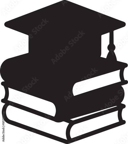 Graduation Cap on Stack of Books Silhouette Vector Icon.