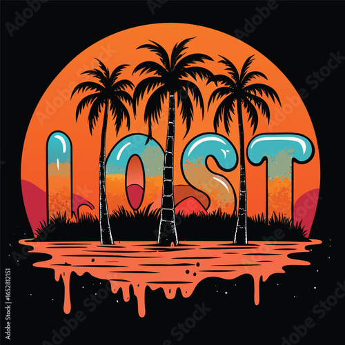 Lost Neon Sunset Vector Art – Graffiti Style Island Horizon with Palm Trees