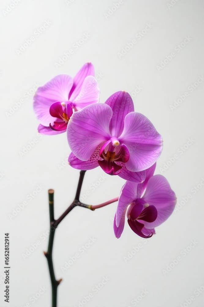 Obraz premium Vibrant purple-pink orchid branch, minimalist white , bloom, white background