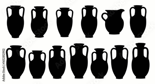 Ancient Pottery Silhouette Set on White Background – Amphora, Clay Pots, Terracotta Vases, Urns, Historic Jars, Archaeological Relics and Ceramic Vessel Vector Silhouettes Isolated