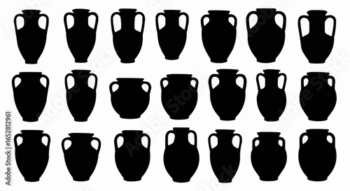 Ancient Pottery Silhouette Set on White Background – Amphora, Clay Pots, Terracotta Vases, Urns, Historic Jars, Archaeological Relics and Ceramic Vessel Vector Silhouettes Isolated