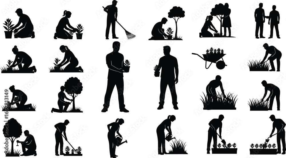 Obraz premium Gardening people silhouette vector illustration, man and woman planting trees, watering plants, garden work activity, outdoor farming, nature care, eco lifestyle design