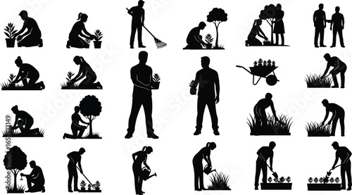 Gardening people silhouette vector illustration, man and woman planting trees, watering plants, garden work activity, outdoor farming, nature care, eco lifestyle design
