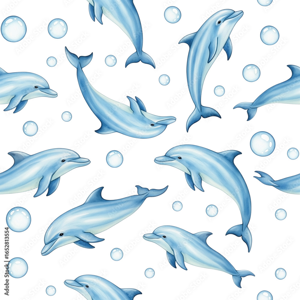 Fototapeta premium Seamless pattern of blue dolphins and bubbles. Ideal for children’s products, marine themes, and textile design. Isolated on a transparent background, png.