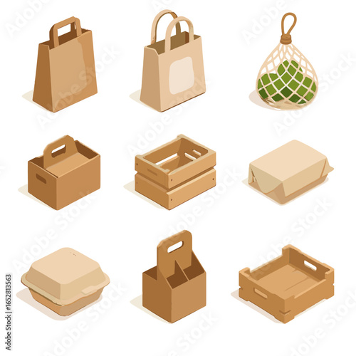 Icons box container icon packaging bottle cloth isometric bag takeout tray vector