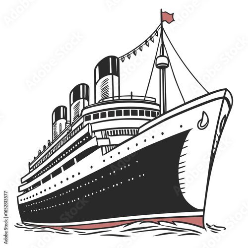 Classic ocean liner with multiple funnels and a red flag sailing through the water