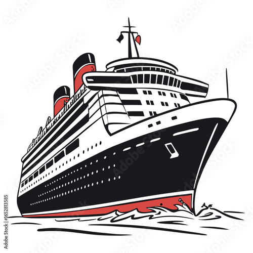 Classic ocean liner sailing through stylized waves with distinctive red and black funnels