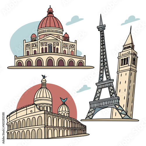 Collection of famous european landmarks including eiffel tower and italian architecture